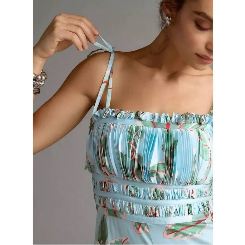 Anthropologie Hutch Ruched Satin Floral Wide Leg Jumpsuit Size 8